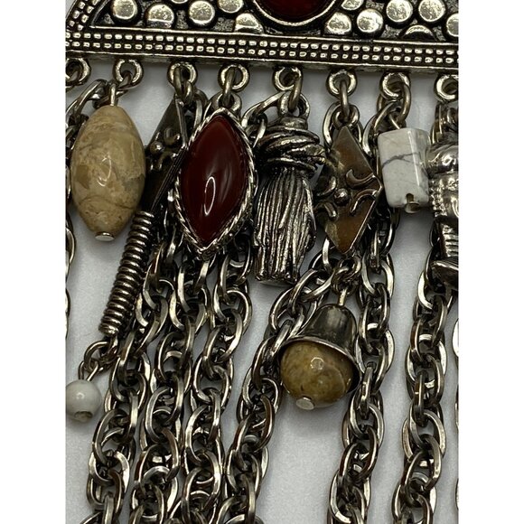 Vintage Silver-Tone Multi-Chain Statement Brooch With Red Beige & White Stone Ac - Picture 4 of 12
